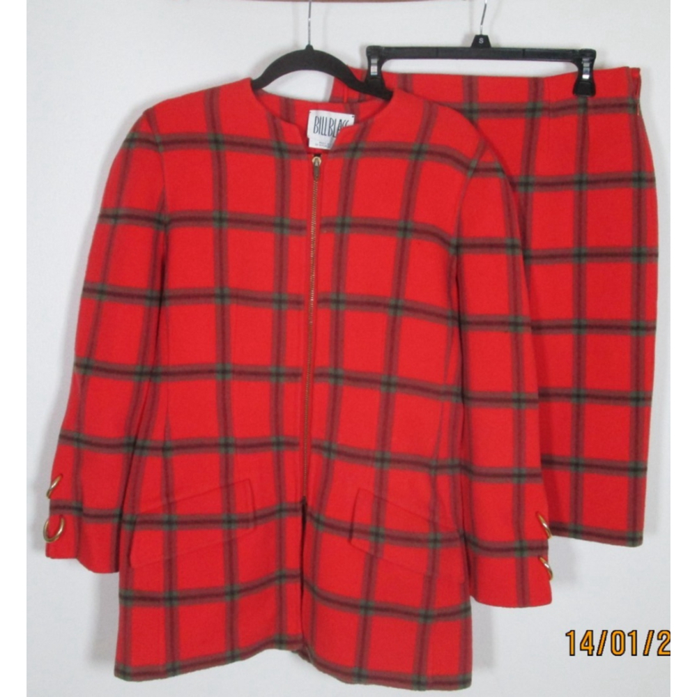 I. Magnin BILL BLASS Skirt Suit i‎ Size 10 Pink Plaid Vintage Wool Gold Hardward